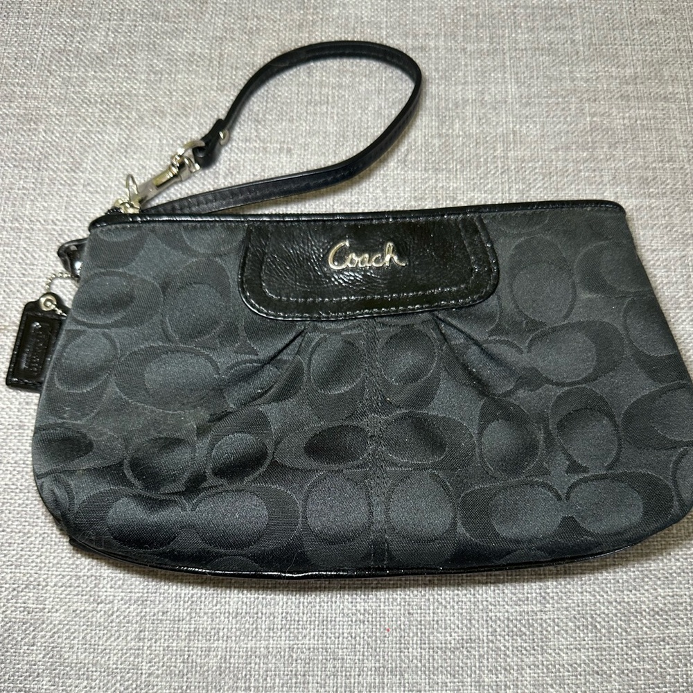 Coach Black Signature Wristlet Clutch with Leather Trim